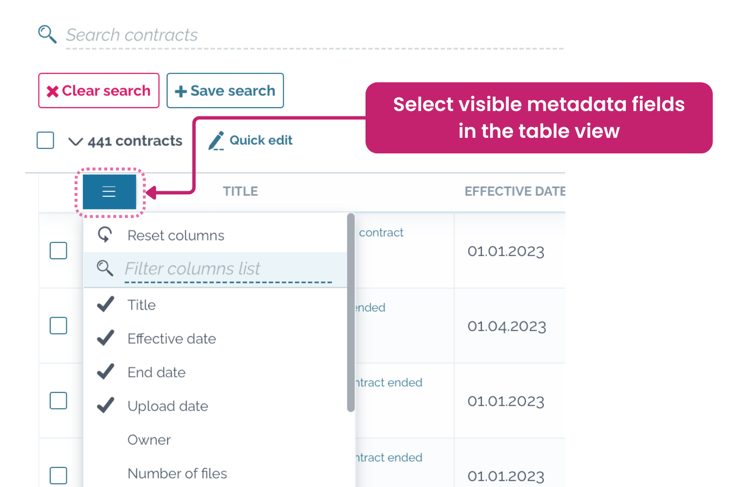 Zefort - select visible metadata columns