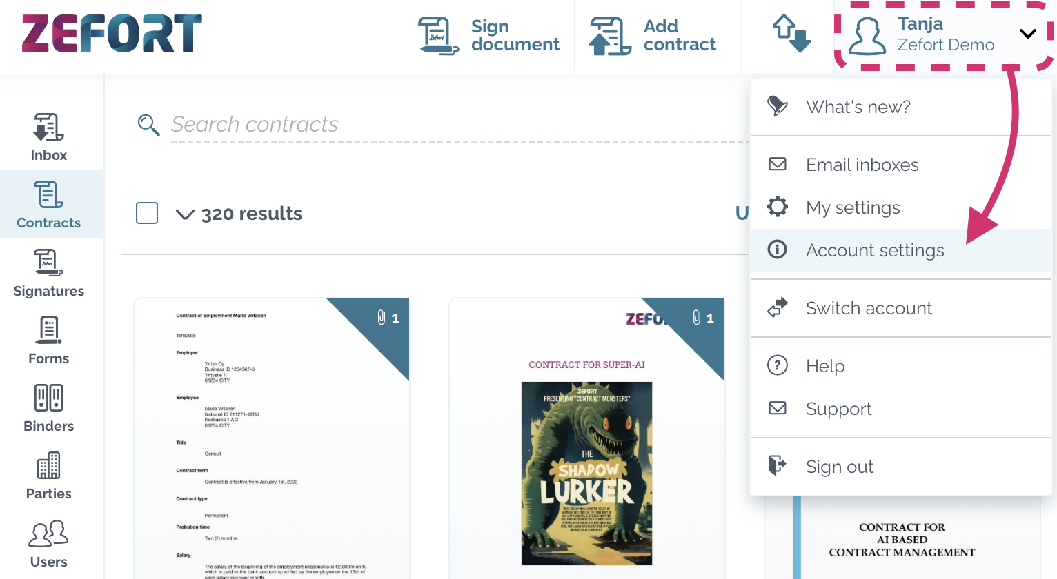 zefort menu - account settings