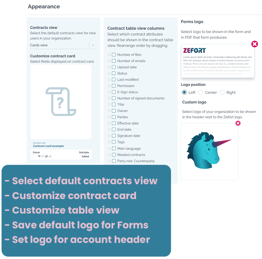 zefort account settings - appearance