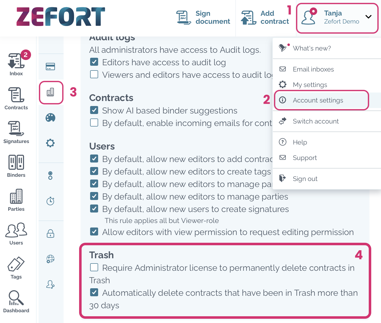 zefort trash settings