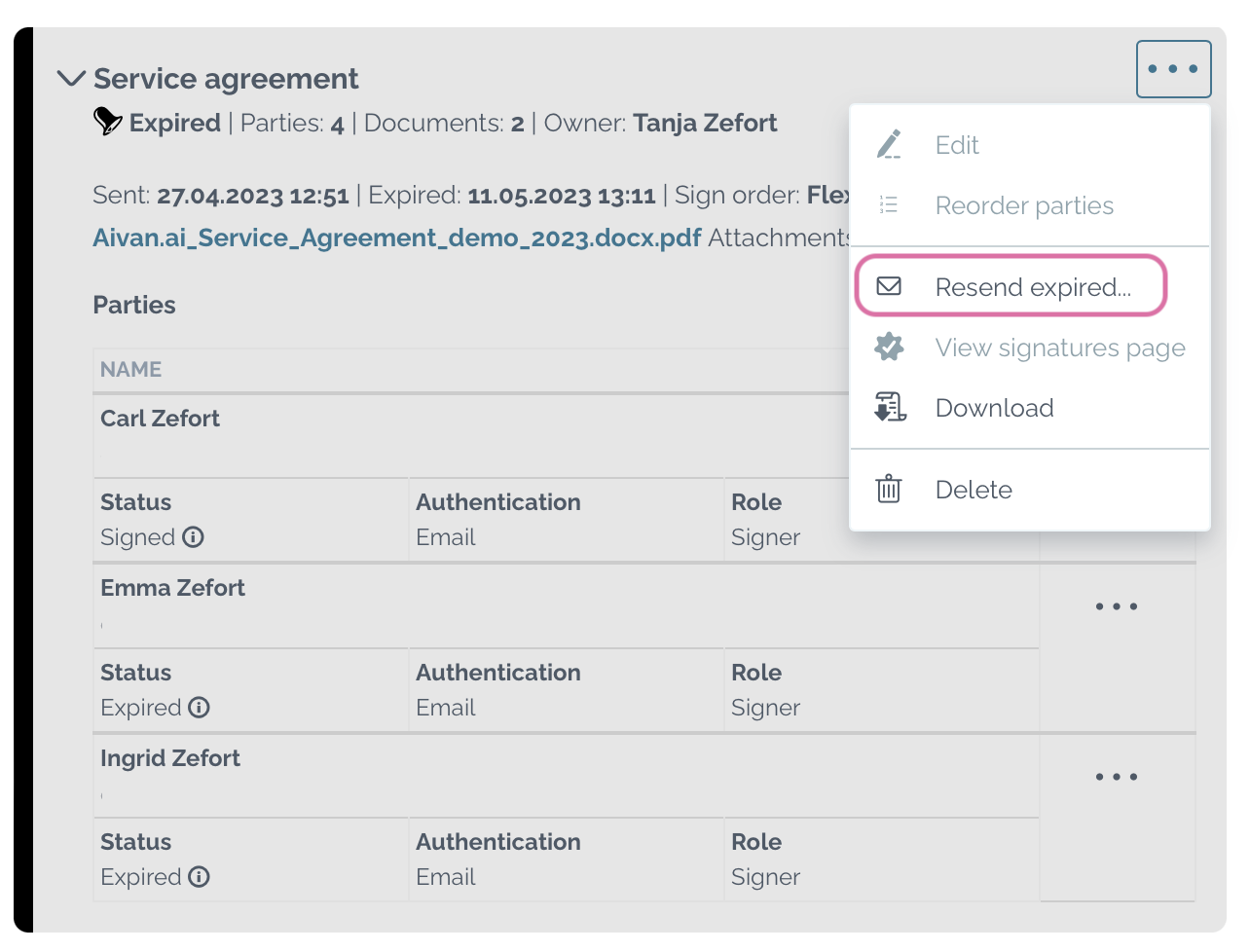 zefort resending expired signature request