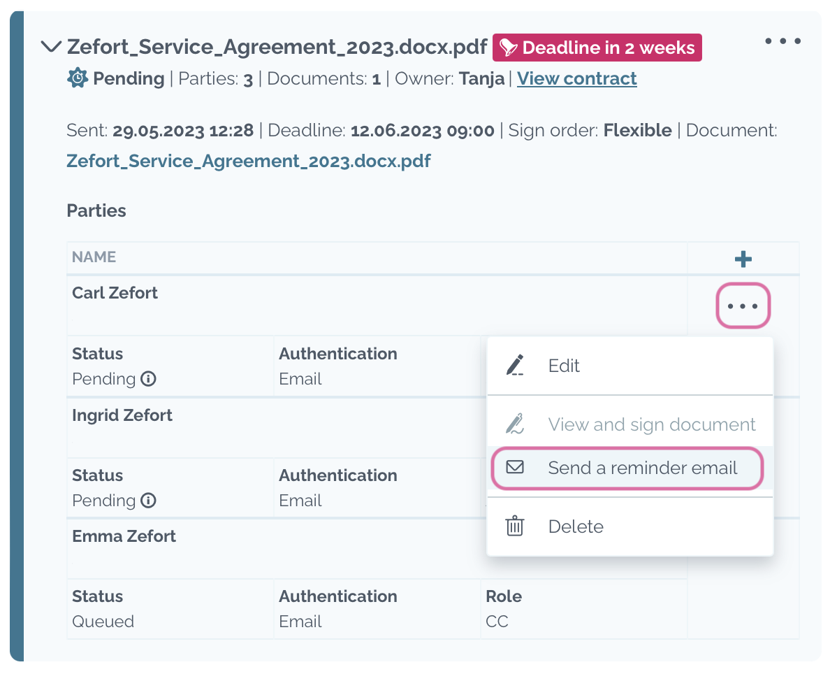 zefort esign sending reminder email