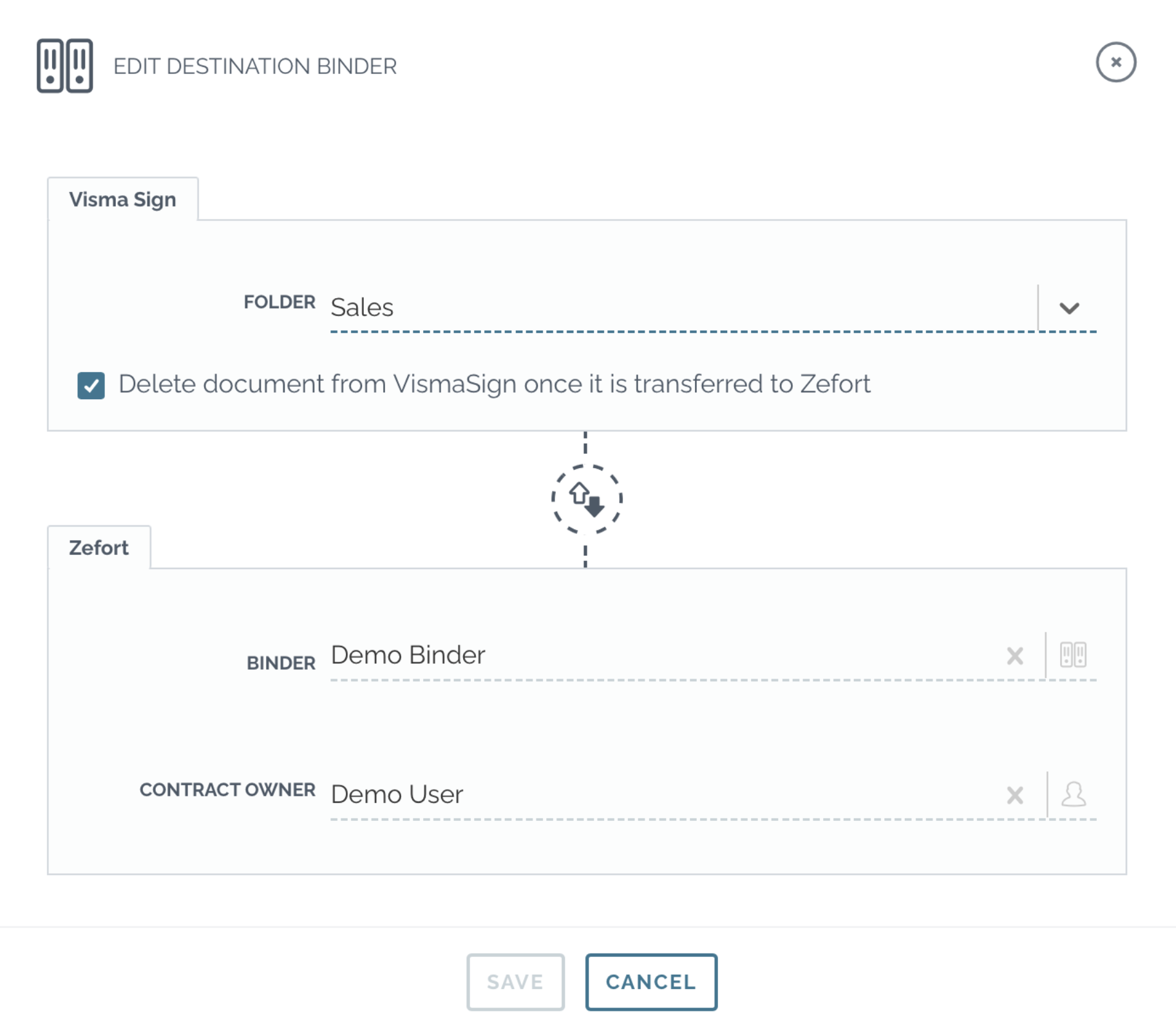 zefort visma sign integration set destination binder
