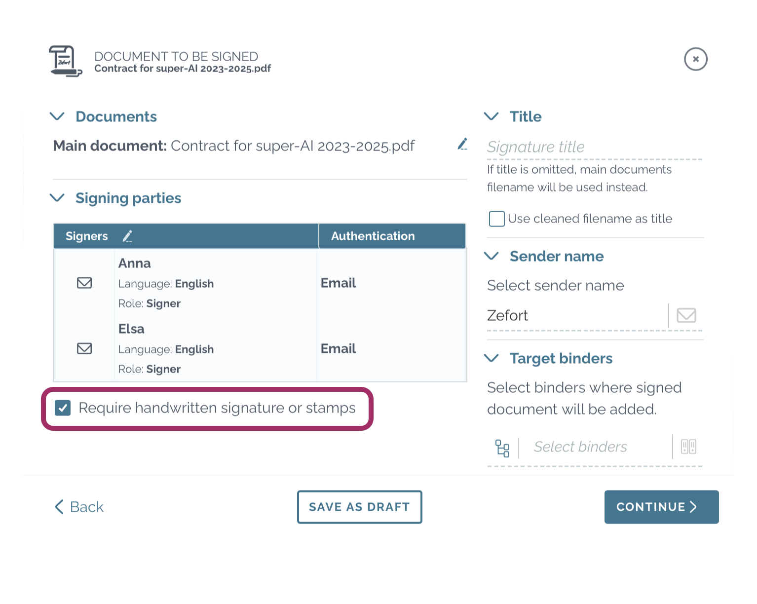 zefort - require handwritten signature or stamps