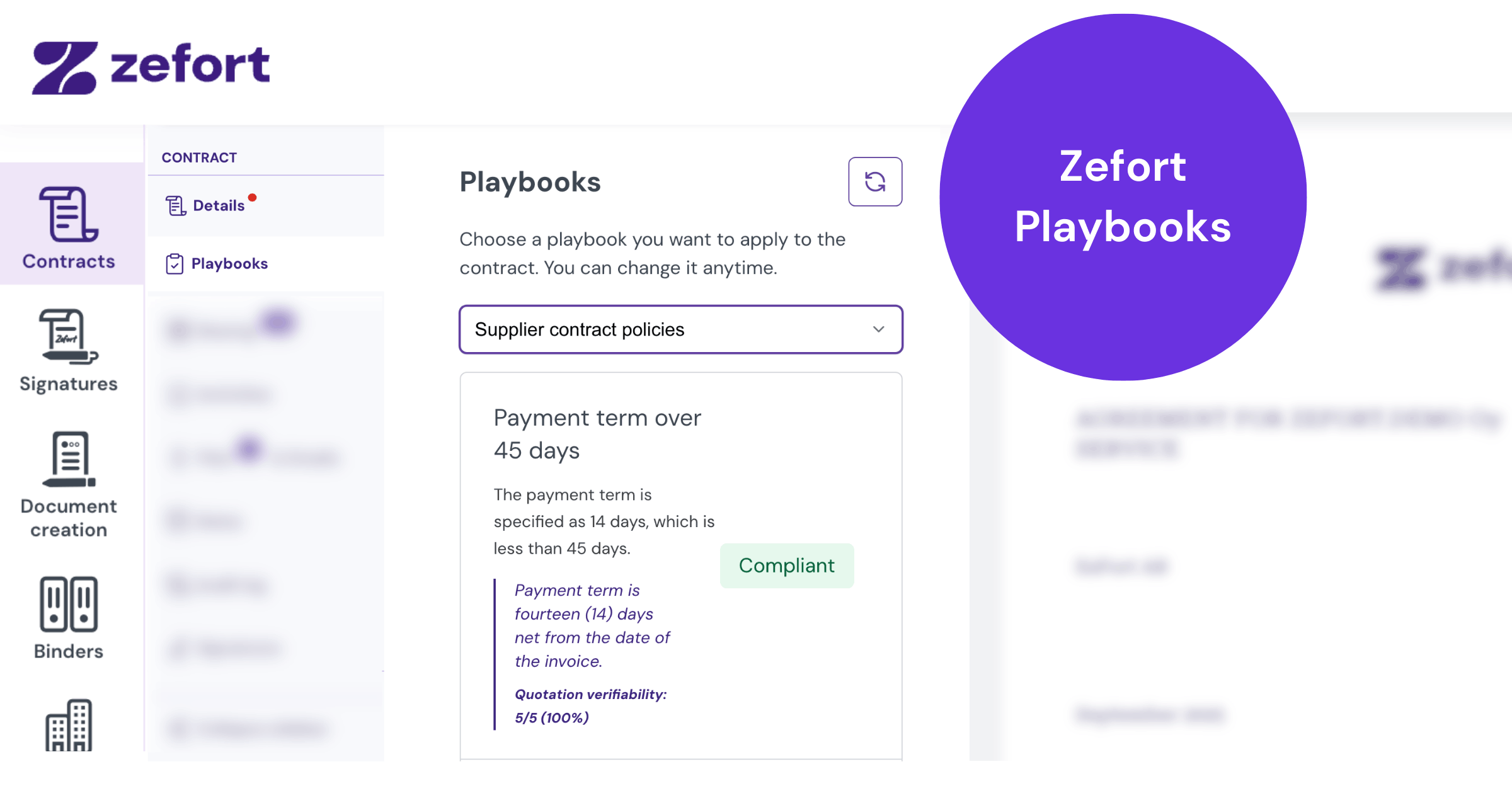 An overview of Zefort Playbooks functionality in the contract's Playbooks tab.