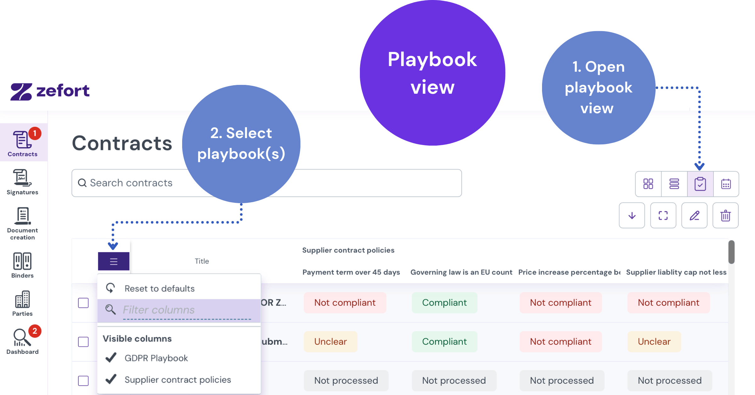 Switching to the Playbook view on the contracts desktop to see results in a table and selecting which playbooks to display.
