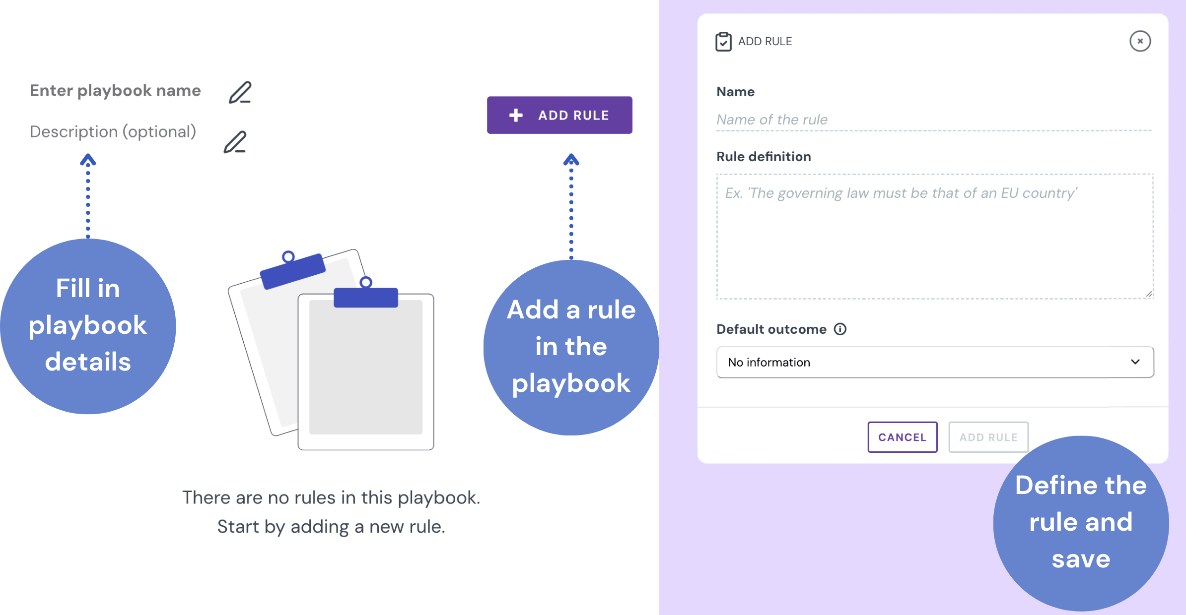 Filling in playbook details and defining a new rule prompt in the rule setup modal.