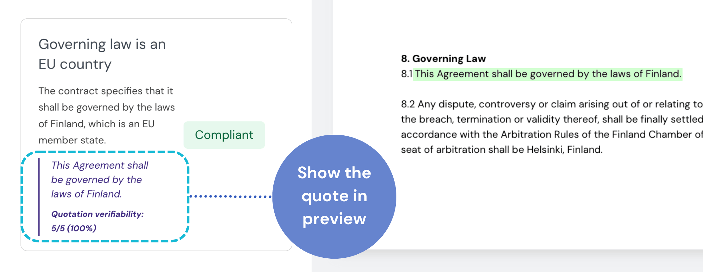 Clicking a quotation in the Playbooks tab to highlight the source text in the contract preview.